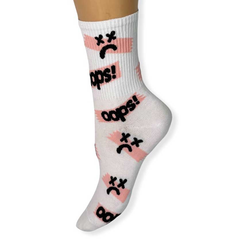 Κάλτσες Γυναικείες Λευκό-Ρόζ με τύπωμα oops!
